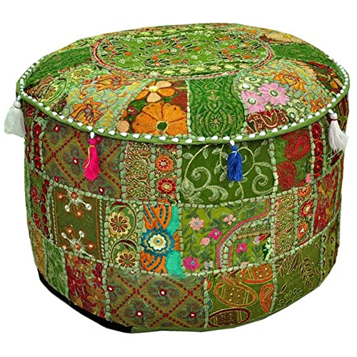 Aakriti Indischer Pouf Fußhocker Mit Stickerei, Baumwolle, Osmanische Abdeckung Mit Ethnischem Dekor - Grün, 46x33 cm von Aakriti Gallery
