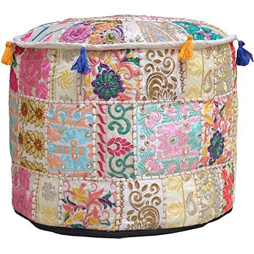 Aakriti Indischer Pouf Fußhocker Mit Stickerei, Baumwolle, Osmanischer Pouf Cover Mit Ethnischem Dekor Kunst (Beige, 46x33 cm) von Aakriti Gallery