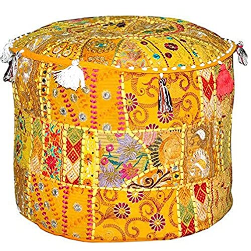 Aakriti Indischer Pouf Fußhocker mit Stickerei - Osmanischer Pouf Cover mit ethnischem Dekor - Baumwolle (Gelb, 46x33 cm) von Aakriti Gallery