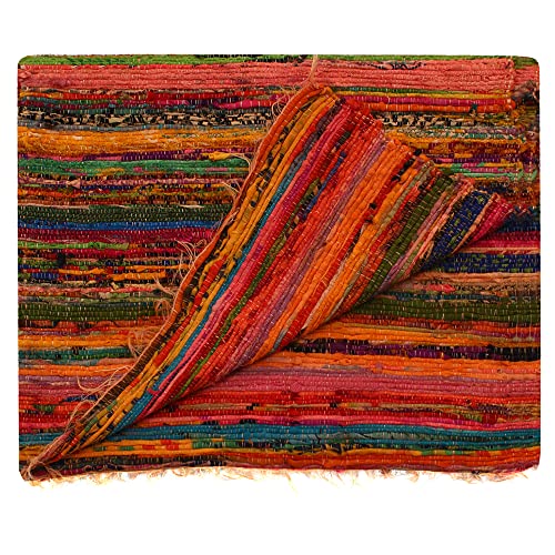 Aakriti Gallery Handmade fleckerlteppichs Chindi Teppich multi farbige indischen Mat Teppich mit Boho-Deko-Teppich (150 x 90 cm) Orange von Aakriti Gallery