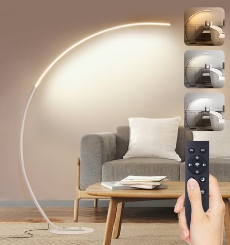 Aanyhoh Bogenlampe Wohnzimmer, Dimmbar LED Stehlampe mit Fernbedienung, 25W Weiß Modern Stehleuchte 3 Farbtemperatur & Memory-Funktion, Ecke Leselampe Stehlampe für Sofa/Büro Schlafzimmer, H:170cm von Aanyhoh