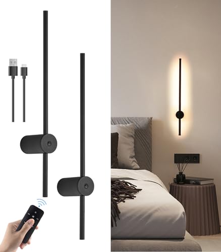 Aanyhoh LED Akku Wandleuchte Innen, USB-C Wiederaufladbare Wandlampe Schwarz 60CM, 6W Dimmbar Batterie Lampe mit Fernbedienung, 360° Drehbare, Kabellose Wandleuchten mit Schalter - 2 Stück von Aanyhoh