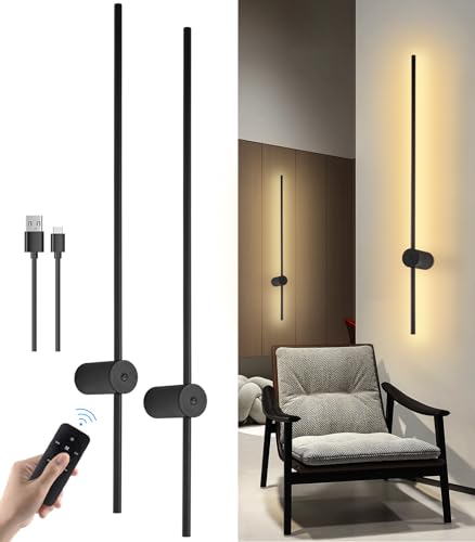 LED Wandleuchte Akku, 6W USB-C Aufladbare Innen Wandlampe Schwarz 100CM, Dimmbar 3 Farbmodi mit Fernbedienung, 360° Drehbare, für Wohnzimmer Schlafzimmer Treppenhaus, Kabellose Wandleuchten - 2 Stück von Aanyhoh