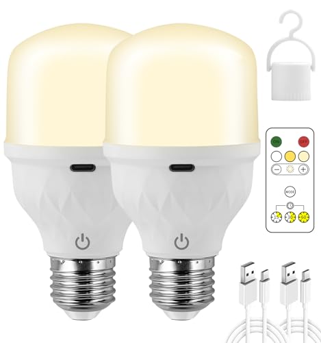 USB C Wiederaufladbare Glühbirne mit Fernbedienung, E27 Dimmbare Touch Control Glühbirnen mit Batterie 2600mAh, LED 5W Akku Lampe mit Timing Funktion, Multifunktional Notlicht mit Haken, 2 Stück von Aanyhoh