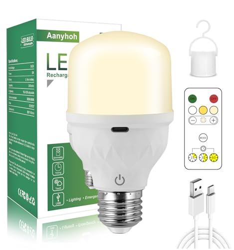 USB Wiederaufladbare Glühbirne mit Batterie, E27 Dimmbare Touch Control Glühbirne mit Fernbedienung, 5W 2600mAh Akku Outdoor LED Lampe mit Timing und Nachtlicht, Multifunktional Notlicht mit Haken von Aanyhoh