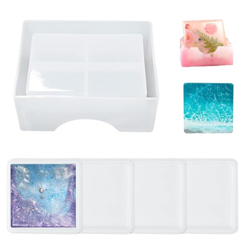 Aarcyye Untersetzer Silikonform Set, 5 Stücke Quadratisch Untersetzer Silikonforms Epoxidharz, Harz Untersetzer Formen, Untersetzerformen für Harzguss, Silikonform Tablett, Resin Harz Untersetzer von Aarcyye