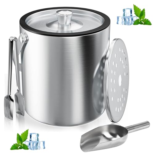Eiswürfelbehälter, 2L Eisbehälter rund mit Sieb und Eiszange, Eiswürfelbehälte, Eiskübel mit Schaufel, Doppelwandiger Lsolierter Eiseimer, zur Aufbewahrung von Eis und zum Kühlen von Getränken von Aarcyye