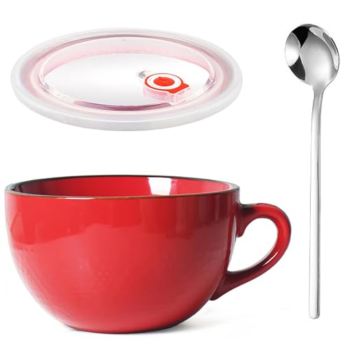 Groß Tasse Keramik, 700ml Groß Müslischalen mit Henkel, Salat Schale, Große Teetasse Mit Deckel und Löffel, Wiederverwendbar Porzellan Kaffee Tasse, Für Speisebars(Leuchtend Rot) von Aarcyye