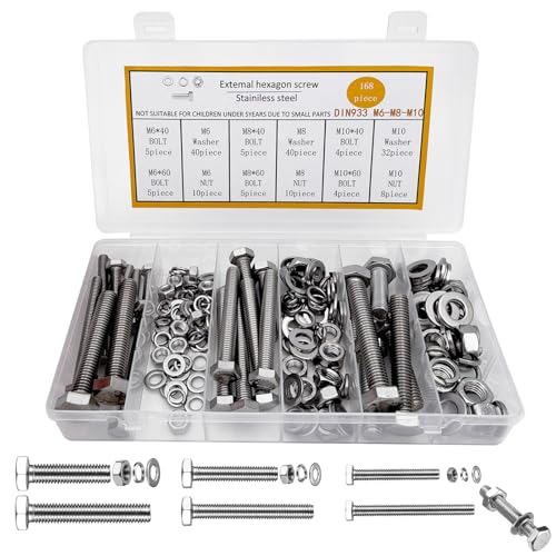 Schrauben und Mutter Set, 168 Stück M6 M8 M10 Sechskantschrauben und Muttern Set, Schraubensortiment mit Muttern Unterlegscheiben Set, Edelstahl Sechskant Schrauben Sortimentskasten Schrauben Set von Aarcyye