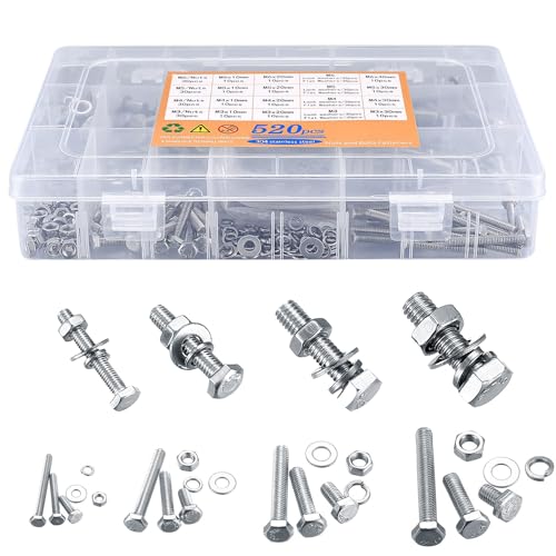Schrauben und Mutter set, 520 Stück M3/M4/M5/M6 Sechskantschrauben und Muttern Set, Schraubensortiment mit Muttern Unterlegscheiben Set, Edelstahl Sechskant Schrauben Muttern und Unterlegscheiben Set von Aarcyye