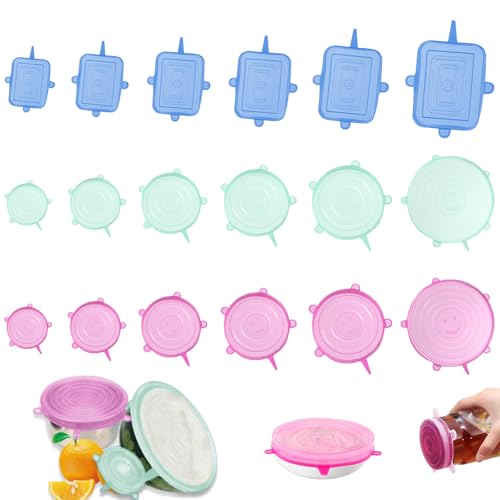 Silikondeckel, 18 Stück Silikondeckel Dehnbar, Dehnbare Silikon Deckel Joghurtdeckel, Wiederverwendbarer Silikondeckels, Allzweck Deckel, Verschiedene Größen Deckel für Dosen, Obst, Becher von Aarcyye