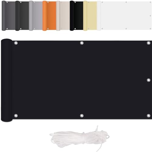 Balkon Sichtschutz Balkonabdeckung, 90 x 300cm Sichtschutz Ohne Bohren, 300D Oxford-Stoff UV-Schutz Balkonsichtschutz Wasserdichtes Polyester für Garten im Freien mit Ösen und Kordel (Schwarz) von Aartner