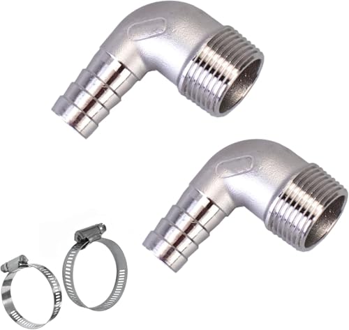 2 Stück 1,27 cm Schlauchstutzen x 1,27 cm NPT-Außengewinde, Edelstahl 90-Grad-Winkel, Heimbrau-Rohrverschraubung, Widerhaken-Schlauchverschraubung, Adapter mit 2 C-Klemmen von Aasipsuo