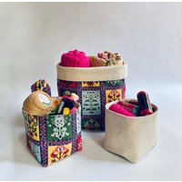 Boho Stoff Korb Indoor Pflanzer Blumentopf Halter Aufbewahrungskorb Home Décor Pflanzenkorb Waschbar Stoffkorb von Aayucraft
