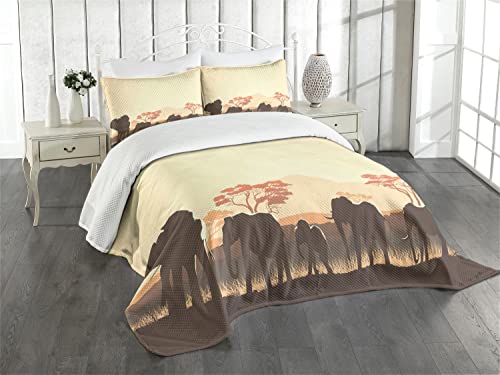 ABAKUHAUS afrikanisch Tagesdecke Set, Safari-Tierelefant, Set mit Kissenbezügen Waschbar, für Doppelbetten 220 x 220 cm, Hellgelb Braun von ABAKUHAUS