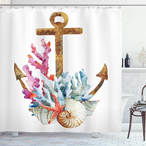 ABAKUHAUS Bunt Duschvorhang, Anchor Korallen Algen, Stoffliches Gewebe Badezimmerdekorationsset mit Haken, 175 x 200 cm, Caramel Mehrfarbig von ABAKUHAUS
