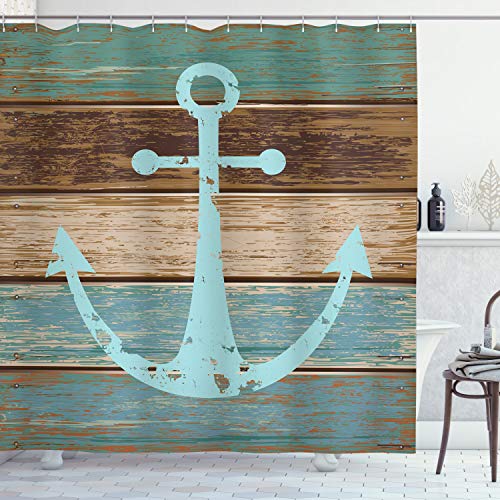 ABAKUHAUS Anker Duschvorhang, Nautical Rustic, Stoffliches Gewebe Badezimmerdekorationsset mit Haken, 175 x 240 cm, Pale Blue Brown Teal von ABAKUHAUS