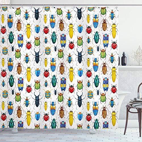 ABAKUHAUS Insekten Duschvorhang, Bunte Insekten, Stoffliches Gewebe Badezimmerdekorationsset mit Haken, 175 x 180 cm, Mehrfarbig von ABAKUHAUS