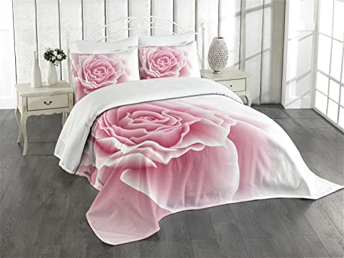 ABAKUHAUS Blassrosa Tagesdecke Set, Rosenblätter Schönheit, Set mit Kissenbezug Romantischer Stil, für Einzelbetten 170 x 220 cm, Pale Pink White von ABAKUHAUS