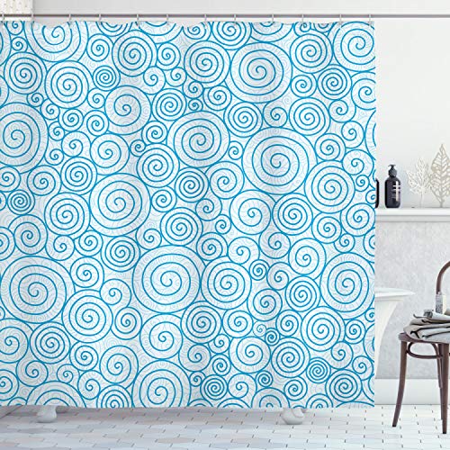 ABAKUHAUS Blau und weiß Duschvorhang, Sea Wave-Strudel, Stoffliches Gewebe Badezimmerdekorationsset mit Haken, 175 x 240 cm, Blau und weiß von ABAKUHAUS