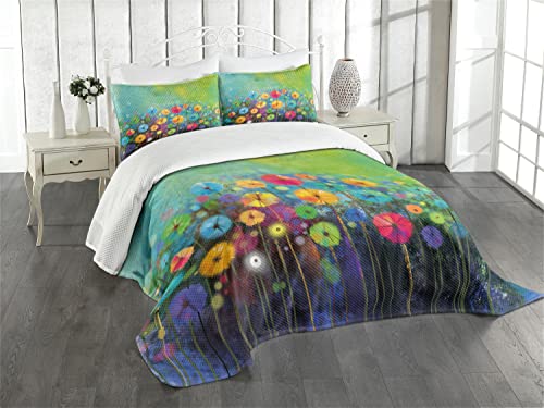 ABAKUHAUS Blume Tagesdecke Set, Bunter Löwenzahn, Set mit Kissenbezug Romantischer Stil, für Einzelbetten 170 x 220 cm, Multicolor von ABAKUHAUS