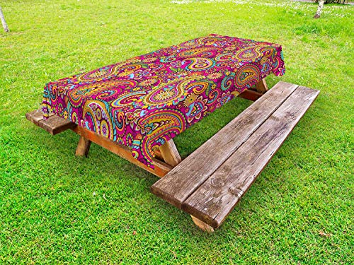 ABAKUHAUS Bunt Outdoor-Tischdecke, Paisley Osten, dekorative waschbare Picknick-Tischdecke, 145 x 265 cm, Pink Braun Gelb von ABAKUHAUS