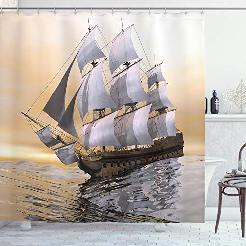 ABAKUHAUS maritim Duschvorhang, Schiff Segeln auf Ozean, mit 12 Ringe Set Stielvoll Modern, 175x200 cm, Kamel Braun von ABAKUHAUS