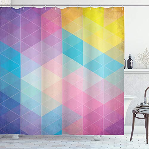 ABAKUHAUS Dreiecke Duschvorhang, Triangles Verträumte Farben, Stoffliches Gewebe Badezimmerdekorationsset mit Haken, 175 x 200 cm, Pink Lila von ABAKUHAUS