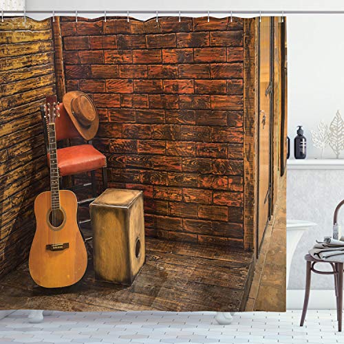 ABAKUHAUS Musik Duschvorhang, Holz Bühne Pub Cafe, Stoffliches Gewebe Badezimmerdekorationsset mit Haken, 175 x 200 cm, Dark Orange Sand Brown von ABAKUHAUS