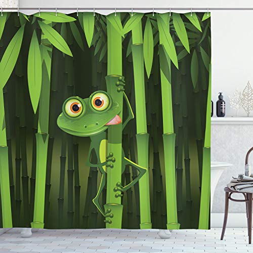 ABAKUHAUS Bambus Duschvorhang, Jungle Bäume Spaß-Frosch, Stoffliches Gewebe Badezimmerdekorationsset mit Haken, 175 x 200 cm, Shamrock Grün von ABAKUHAUS