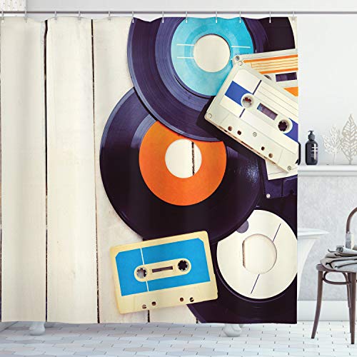 ABAKUHAUS Indie Duschvorhang, Schallplatten Audio, Stoffliches Gewebe Badezimmerdekorationsset mit Haken, 175 x 200 cm, Orange Schwarz von ABAKUHAUS