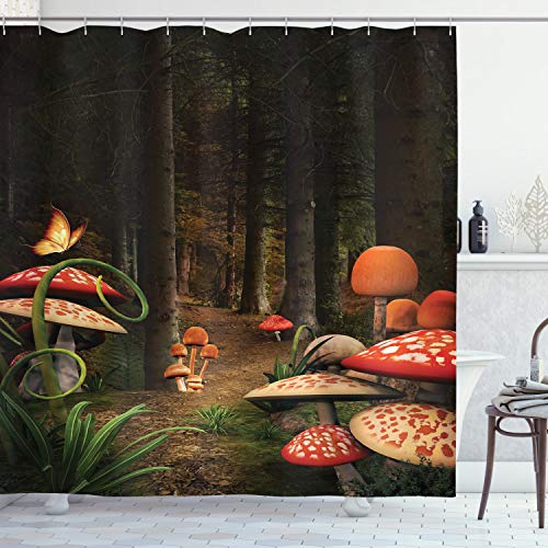 ABAKUHAUS Natur Duschvorhang, Pilze Dunkler Wald, mit 12 Ringe Set Stielvoll Modern, 175x200 cm, Grün braun Rot von ABAKUHAUS