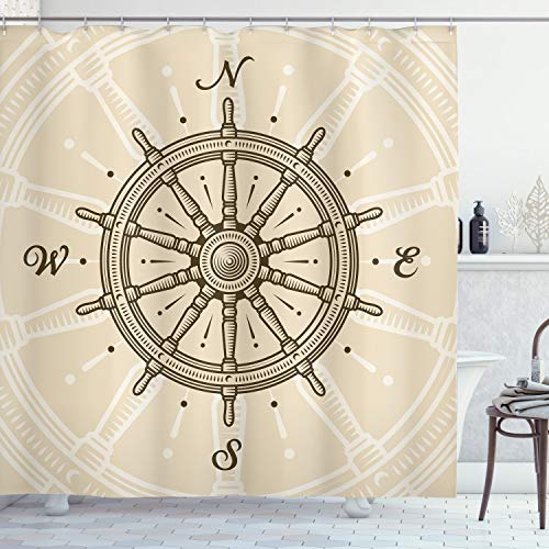 ABAKUHAUS Duschvorhang, Vintage Schiff Rad Antike Segelboot Navigation Werkzeug Monochromen Deco Druck, Stoffliches Gewebe Badezimmerdekorationsset mit Haken, 175 X 200 cm, Beige Braun von ABAKUHAUS