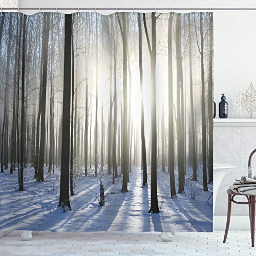 ABAKUHAUS Winter Duschvorhang, Wald Dezember Morgen, Stoffliches Gewebe Badezimmerdekorationsset mit Haken, 175 x 200 cm, Blassgelb Blaugrau von ABAKUHAUS