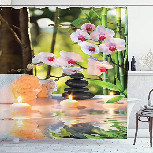 ABAKUHAUS Spa Duschvorhang, Spa mit Kerzen Orchideen, mit 12 Ringe Set Stielvoll Modern, 175x200 cm, Hellgrün Fuchsienfarben von ABAKUHAUS