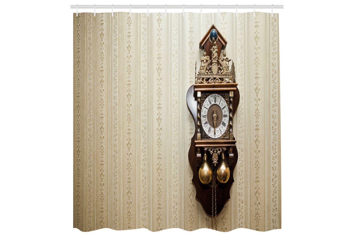 Abakuhaus Duschvorhang Moderner Digitaldruck mit 12 Haken auf Stoff Wasser Resistent Breite 175 cm, Höhe 180 cm, Antiquität Holz Wand Schnitzen Uhr von Abakuhaus