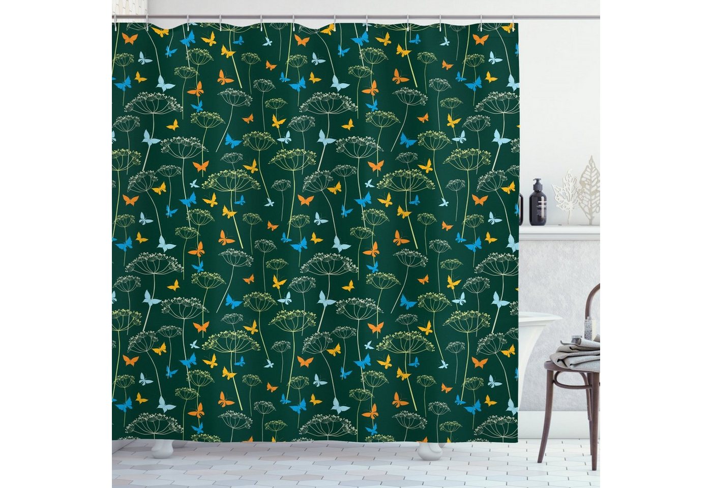 Abakuhaus Duschvorhang Moderner Digitaldruck mit 12 Haken auf Stoff Wasser Resistent Breite 175 cm, Höhe 180 cm, Floral Sonnenschirm Blumen Schmetterlinge von Abakuhaus