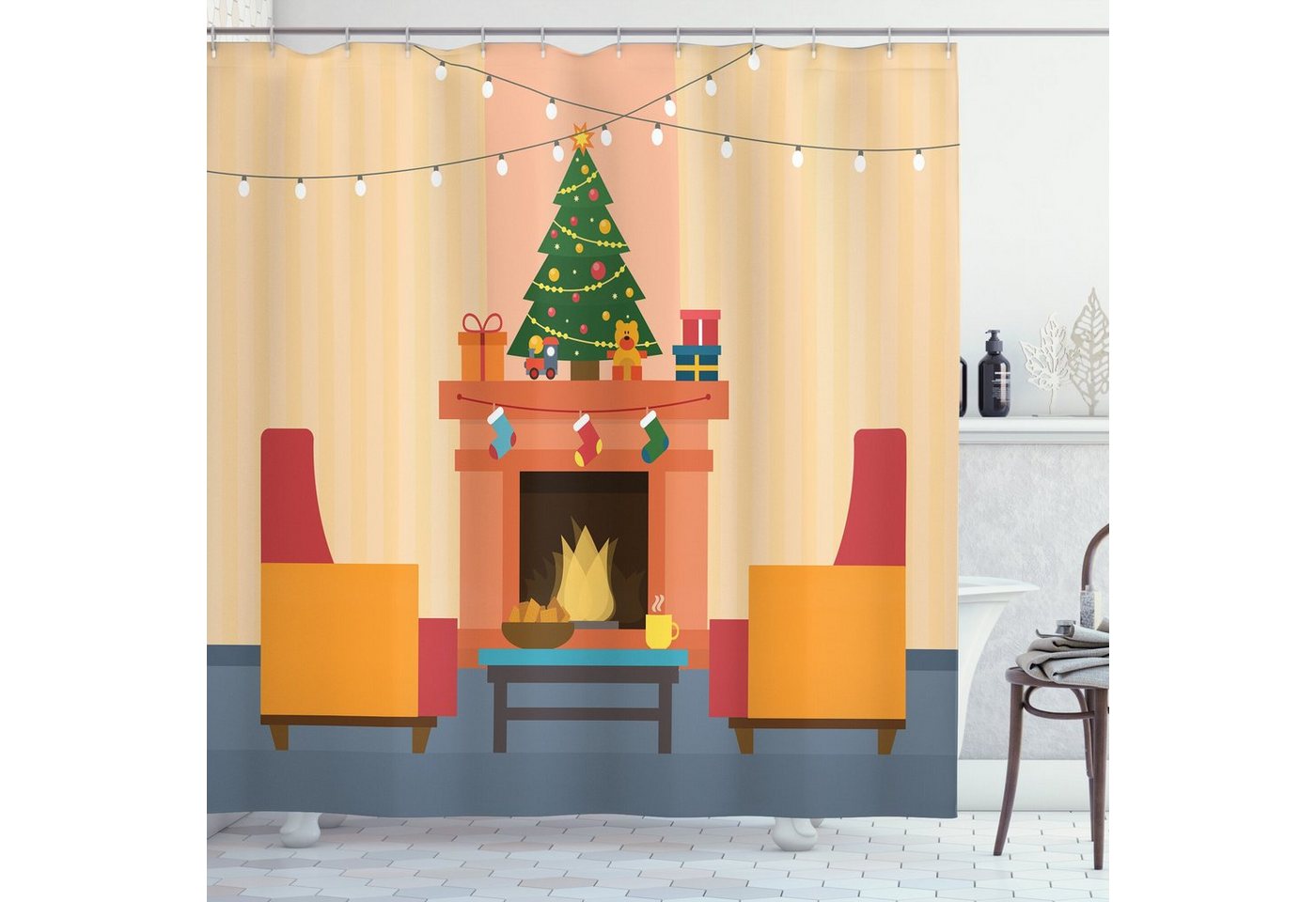 Abakuhaus Duschvorhang Moderner Digitaldruck mit 12 Haken auf Stoff Wasser Resistent Breite 175 cm, Höhe 180 cm, Kamin Cartoon Weihnachten Innen Abakuhaus Duschvorhang Moderner Digitaldruck mit 12 Haken auf Stoff Wasser Resistent Breite 175 cm, Höhe 180 cm, Kamin Cartoon Weihnachten Innen von Abakuhaus