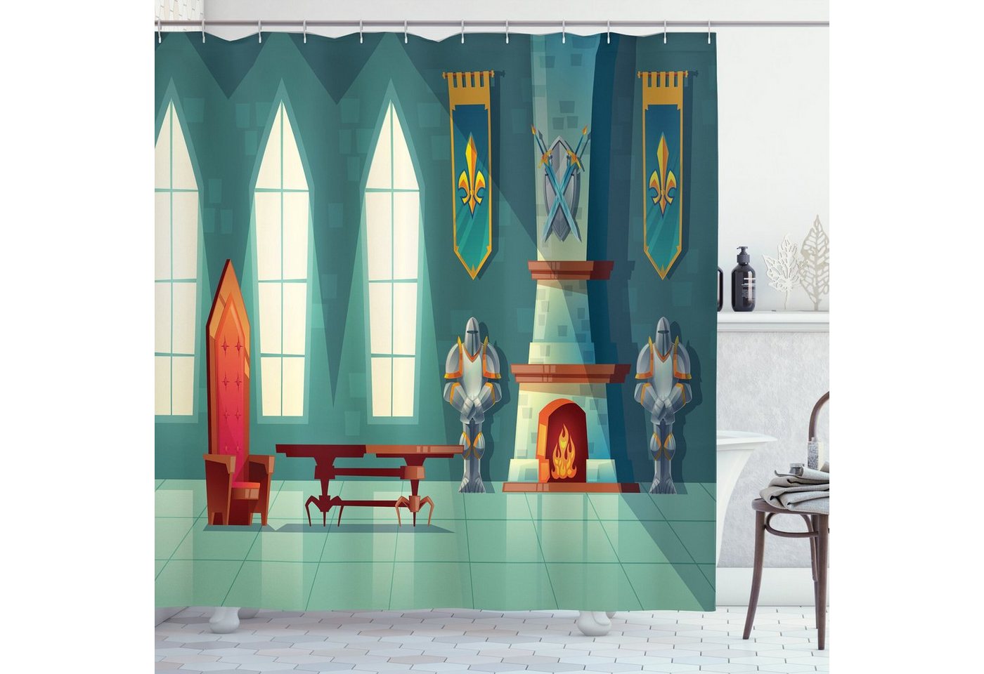 Abakuhaus Duschvorhang Moderner Digitaldruck mit 12 Haken auf Stoff Wasser Resistent Breite 175 cm, Höhe 180 cm, Kamin Cartoon von Royal Castle Abakuhaus Duschvorhang Moderner Digitaldruck mit 12 Haken auf Stoff Wasser Resistent Breite 175 cm, Höhe 180 cm, Kamin Cartoon von Royal Castle von Abakuhaus