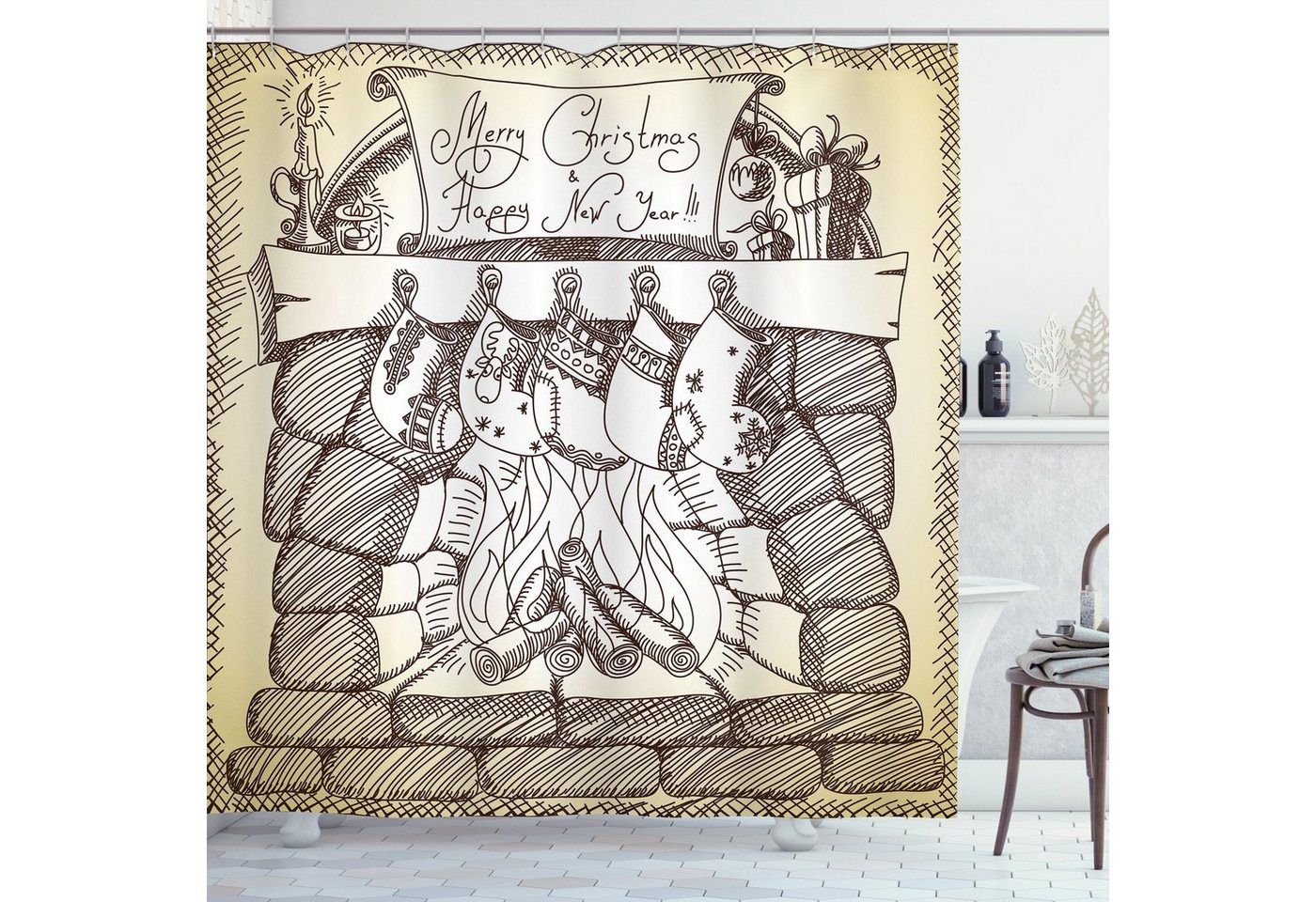 Abakuhaus Duschvorhang Moderner Digitaldruck mit 12 Haken auf Stoff Wasser Resistent Breite 175 cm, Höhe 180 cm, Kamin Weihnachten Sketch Stocking Abakuhaus Duschvorhang Moderner Digitaldruck mit 12 Haken auf Stoff Wasser Resistent Breite 175 cm, Höhe 180 cm, Kamin Weihnachten Sketch Stocking von Abakuhaus