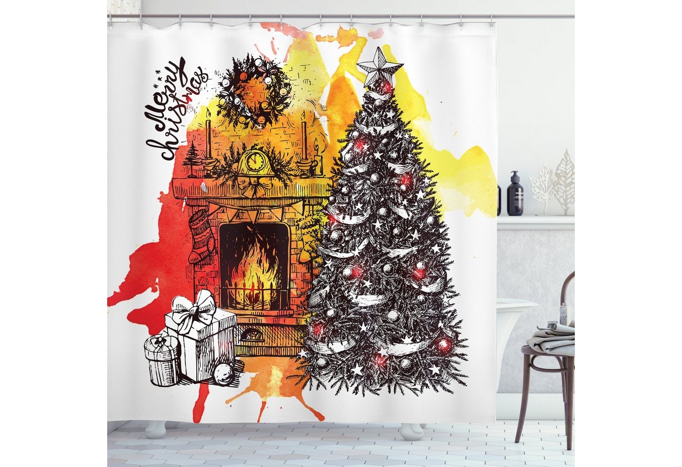 Abakuhaus Duschvorhang Moderner Digitaldruck mit 12 Haken auf Stoff Wasser Resistent Breite 175 cm, Höhe 180 cm, Kamin Weihnachten Skizze Abakuhaus Duschvorhang Moderner Digitaldruck mit 12 Haken auf Stoff Wasser Resistent Breite 175 cm, Höhe 180 cm, Kamin Weihnachten Skizze von Abakuhaus