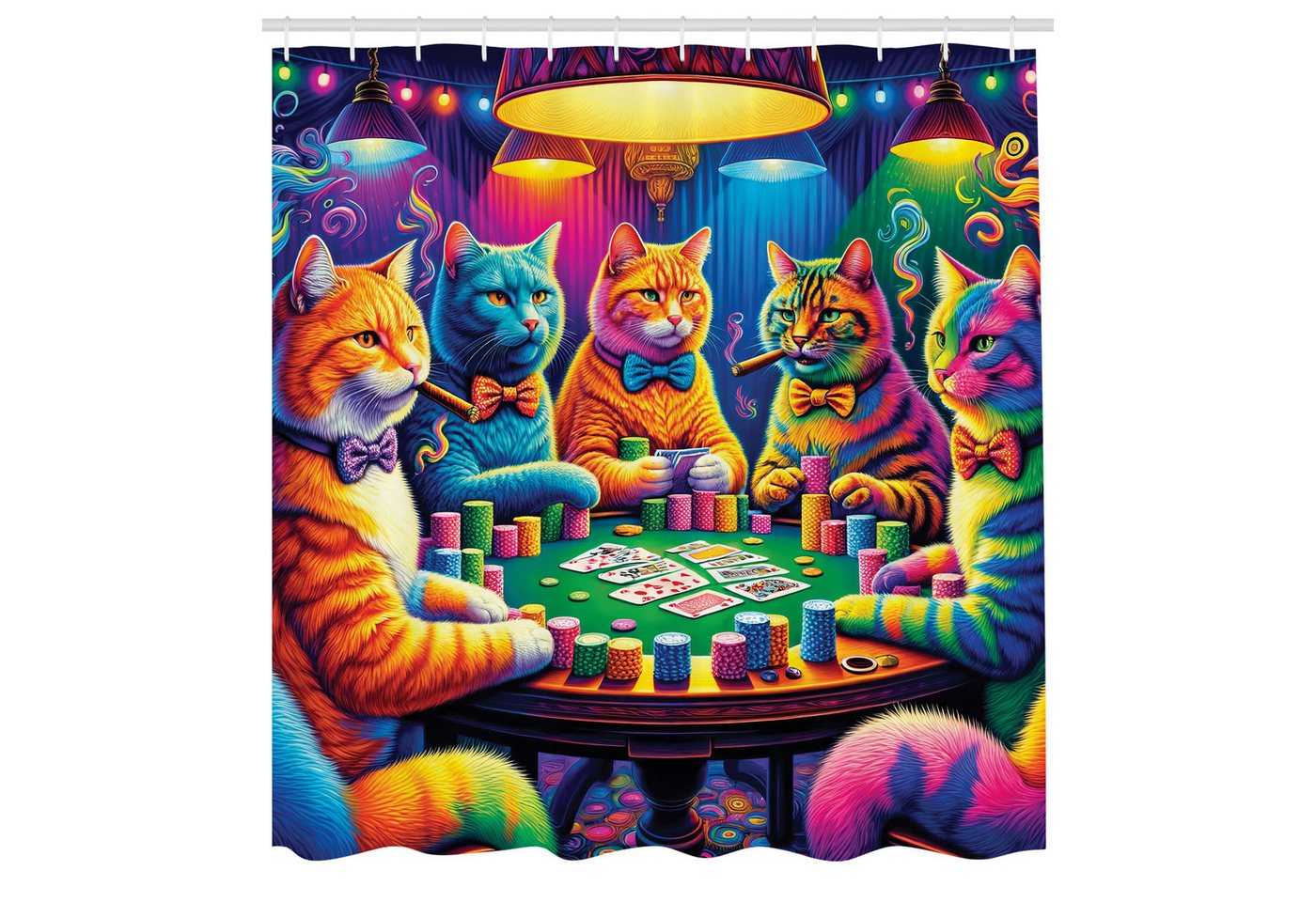 Abakuhaus Duschvorhang Moderner Digitaldruck mit 12 Haken auf Stoff Wasser Resistent Breite 175 cm, Höhe 180 cm, Katze Bunte Kätzchen spielen Poker von Abakuhaus