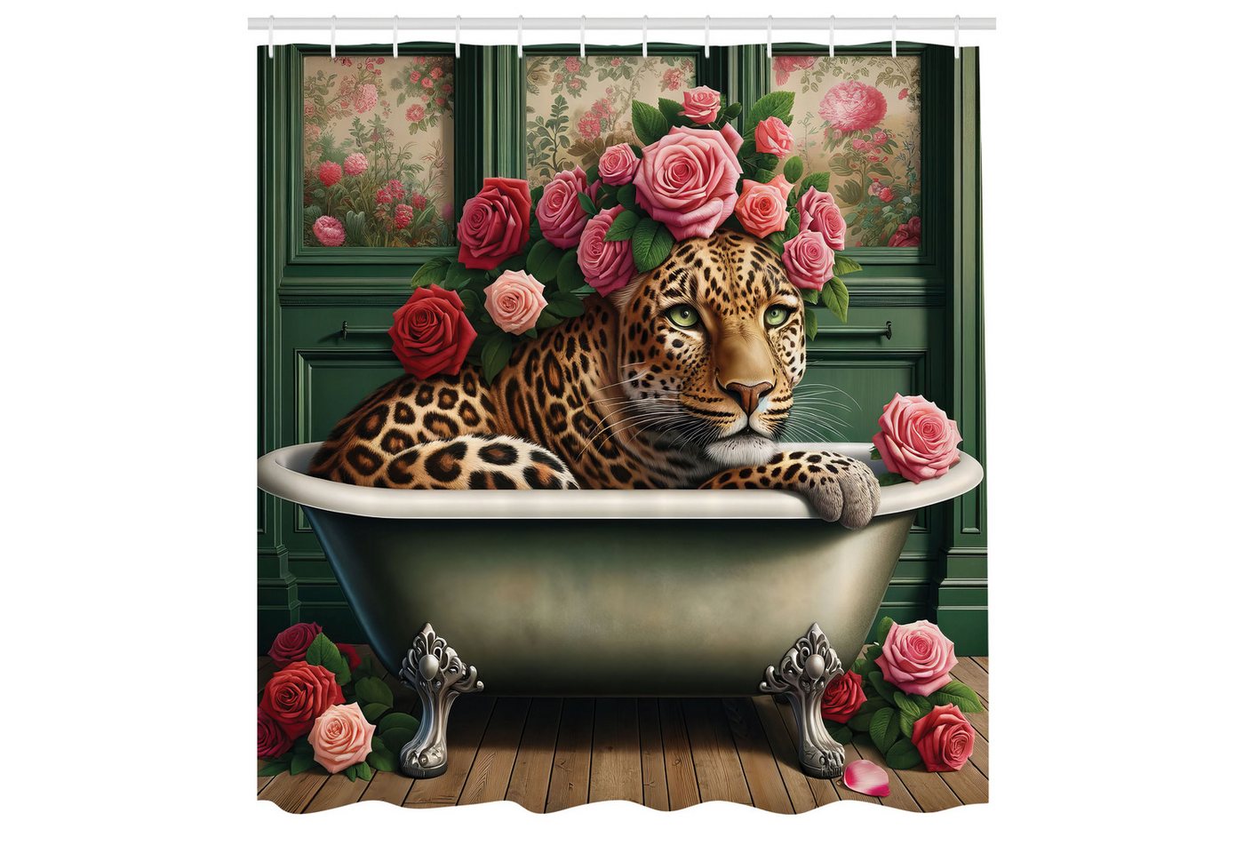 Abakuhaus Duschvorhang Moderner Digitaldruck mit 12 Haken auf Stoff Wasser Resistent Breite 175 cm, Höhe 180 cm, Leopard Englische Rosen Wilde Tiere von Abakuhaus