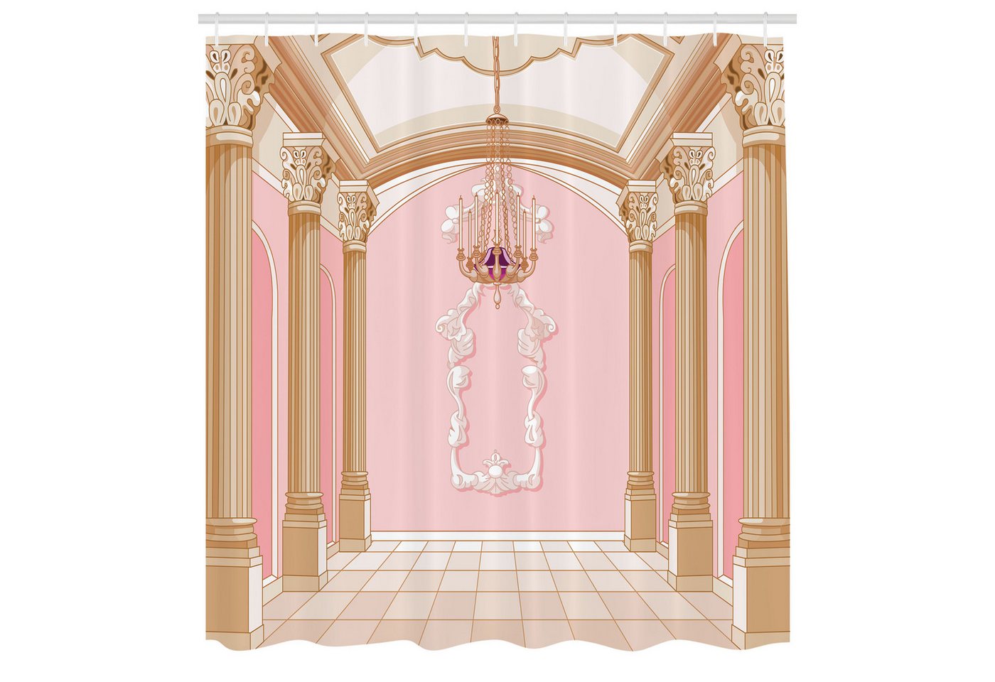 Abakuhaus Duschvorhang Moderner Digitaldruck mit 12 Haken auf Stoff Wasser Resistent Breite 175 cm, Höhe 180 cm, Rosa Kronleuchter Decken Castle von Abakuhaus
