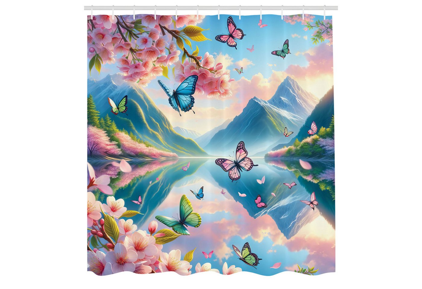Abakuhaus Duschvorhang Moderner Digitaldruck mit 12 Haken auf Stoff Wasser Resistent Breite 175 cm, Höhe 180 cm, See Schmetterlinge Kirschblüten von Abakuhaus