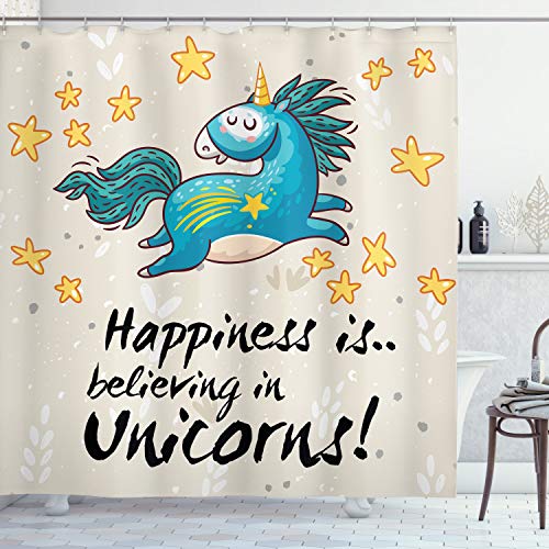 ABAKUHAUS Einhorn Duschvorhang, Wörter Glück für Kinder, Stoffliches Gewebe Badezimmerdekorationsset mit Haken, 175 x 200 cm, Gelb/Blau von ABAKUHAUS