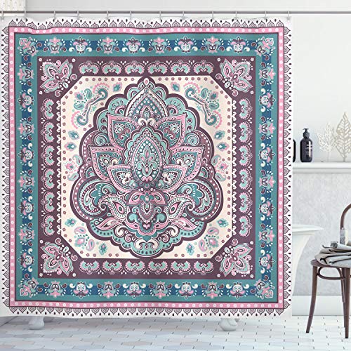 ABAKUHAUS Ethnisch Duschvorhang, Paisley Oriental, Stoffliches Gewebe Badezimmerdekorationsset mit Haken, 175 x 200 cm, Pale Pink Lila von ABAKUHAUS