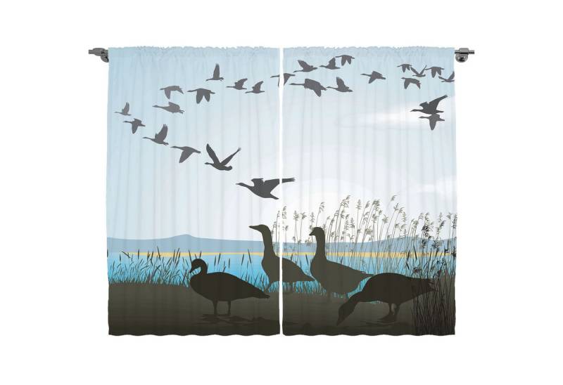 Abakuhaus Gardine Schlafzimmer Kräuselband Vorhang mit Schlaufen und Haken, Gans Birdies Migrating durch den Teich von Abakuhaus