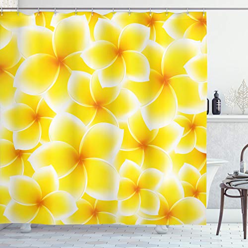 ABAKUHAUS Blumen Duschvorhang, Plumeria Blüten, Stoffliches Gewebe Badezimmerdekorationsset mit Haken, 175 x 180 cm, Gelb und Weiß von ABAKUHAUS