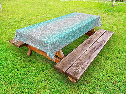 ABAKUHAUS Grau und Türkis Outdoor-Tischdecke, Ombre Ethnic, dekorative waschbare Picknick-Tischdecke, 145 x 265 cm, Türkis Grau von ABAKUHAUS